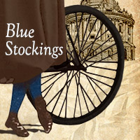 Blue Stockings poster art includes the text Blue Stockings, and depicts a woman wearing a skirt and stockings, standing with a bicycle, in front of Cambridge University.